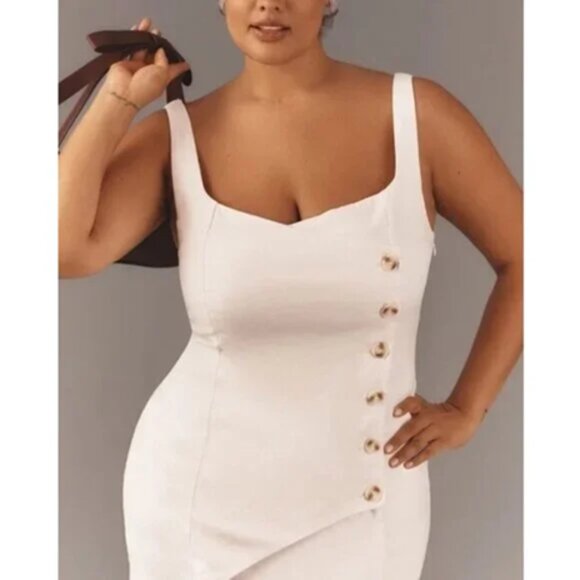 By Anthropologie Sleeveless Linen Button Wrap Midi Dress White 1X Plus - Picture 3 of 12